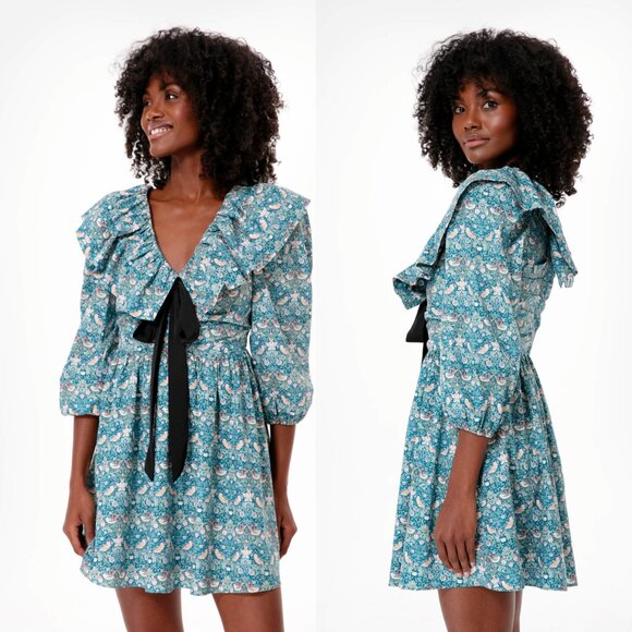 Hyacinth House NEW Victorian Ruffle Collar Preppy Bow Birdsong Mini Dress Size M - Picture 2 of 7
